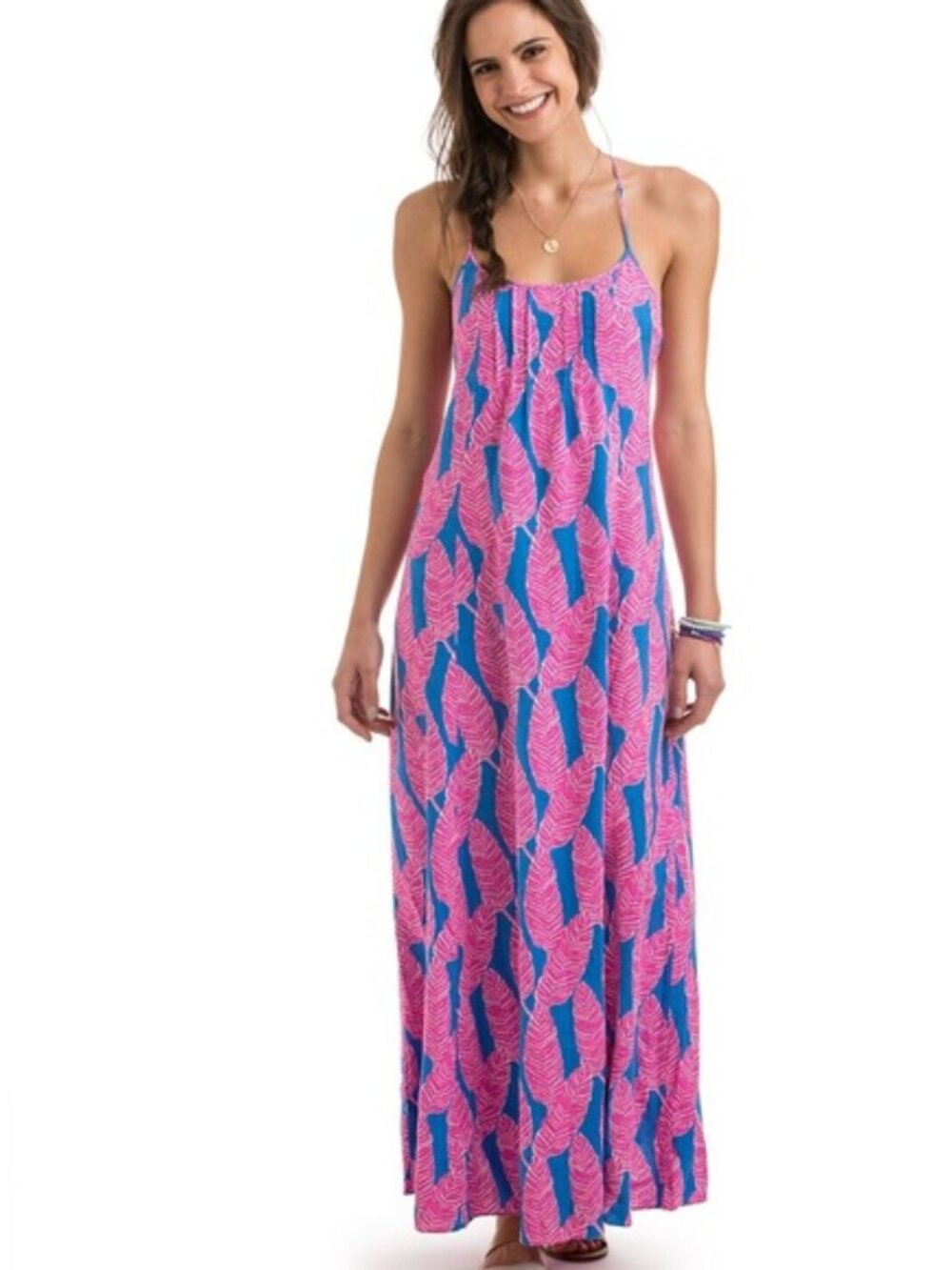 Vineyard Vines Pink and Blue Feather Leaf Print Maxi Dress Size 6 Women's